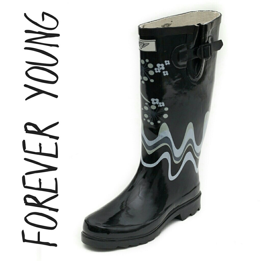 Women's Rain Boots, Tall Waterproof Wavy Pattern Rainboots, RB-1507